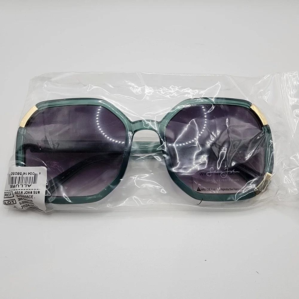Sean John Women's Oversized Square Sunglasses Green Gold Accent 100% UV NWT
